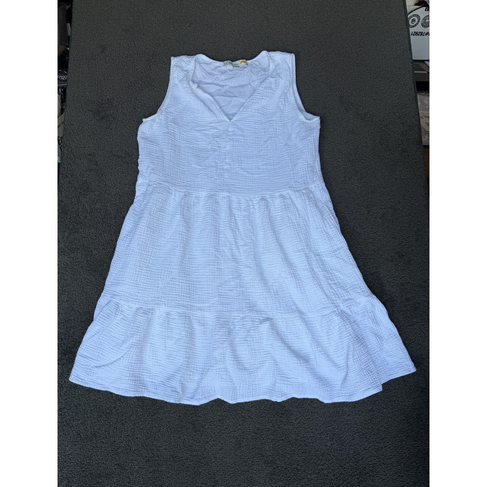 C&C California White Cotton Gauze Tiered Sleeveless V-Neck Mini Dress Medium